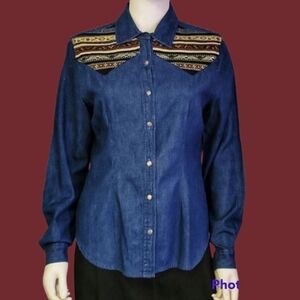 VTG ADOBE ROSE 1990s Chambray Southwestern Aztec Long Sleeve Button Down Shirt